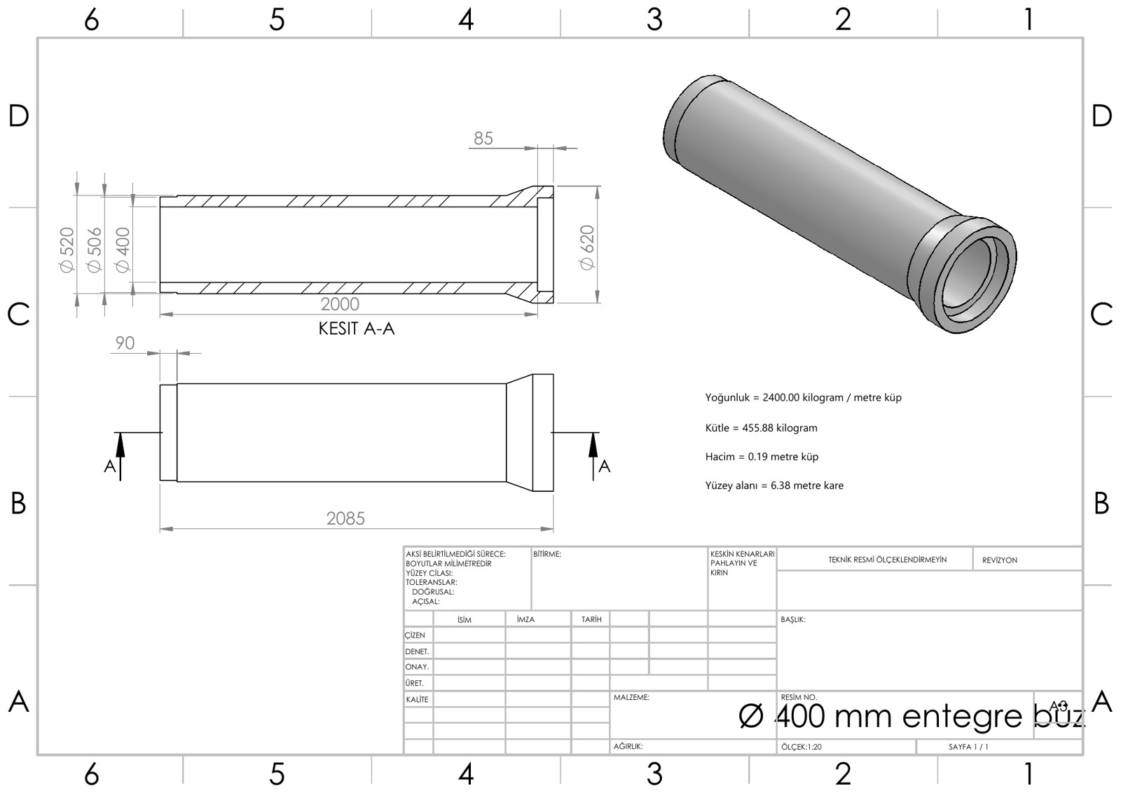 Ø400 mm entegre contalı beton büz teknik resmi